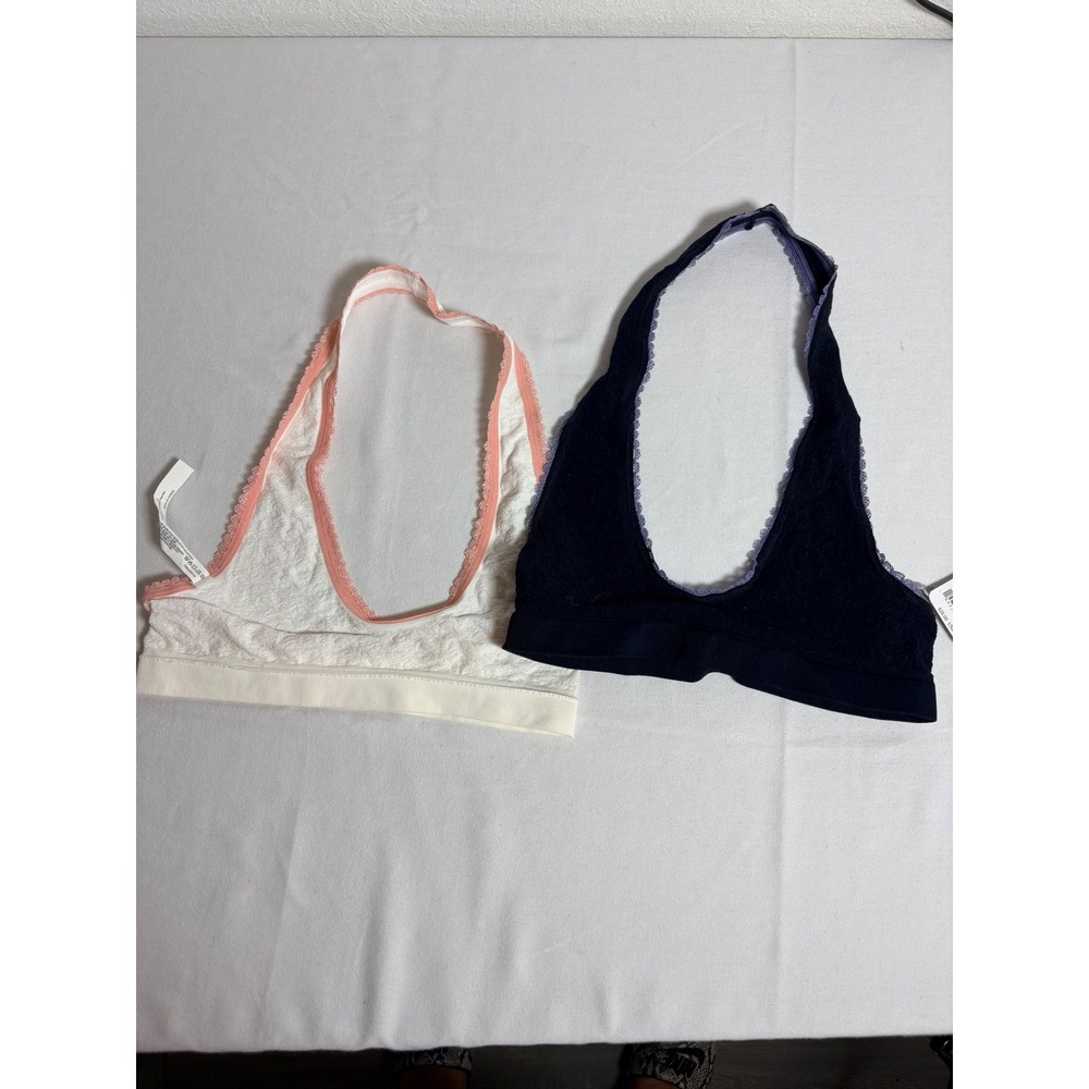 Free People Lace Halter Bralette 2 Pack medium Large Cream Navy Wireless Bra